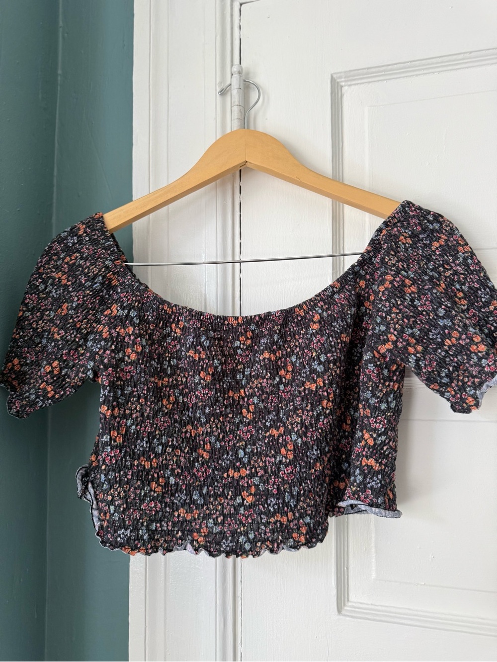 ASOS Smocked Off-Shoulder Floral Crop Top - Black with Pink/Orange Flowers